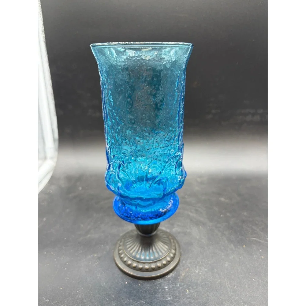 Vintage Blue Bark Textured Glass Hurricane Sconce Bronze Pedestal Base 8.25 Inch